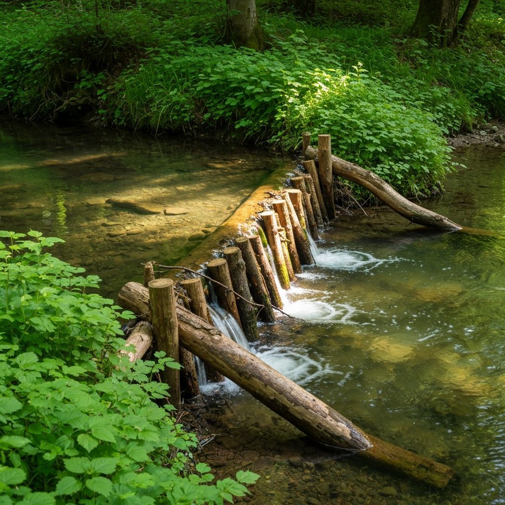 Nos Réalisations - Gestion de l'Eau: Structures en bois pour ralentir l'écoulement et prévenir l'érosion.